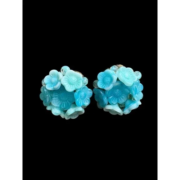 Vintage Germany Blue Glass Flower Cluster Clip On Earrings Mid Century - Picture 5 of 7